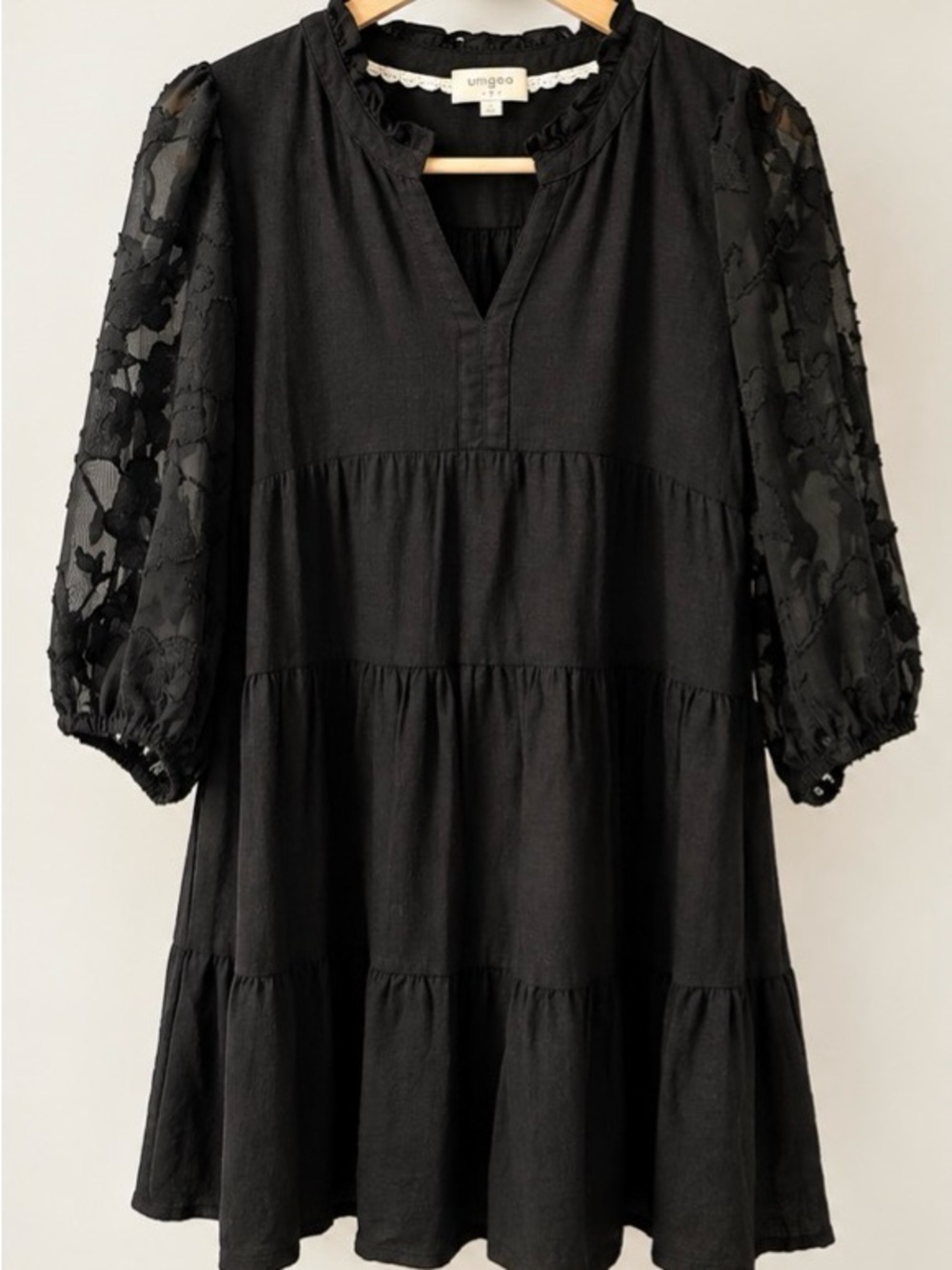 Umgee Black Tiered Tunic with Floral Sheet Sleeves